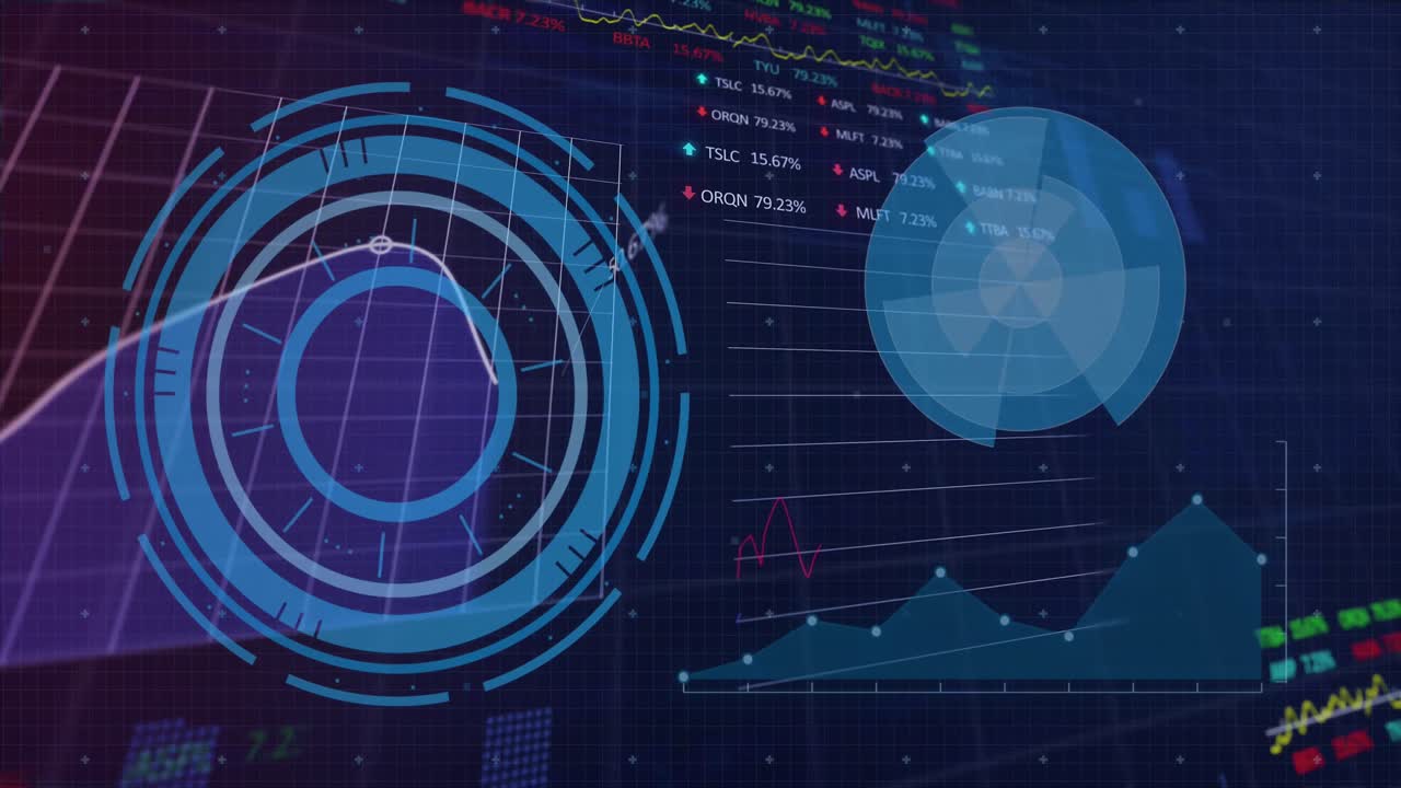 Animation of circles over multiple graphs, trading board against abstract background