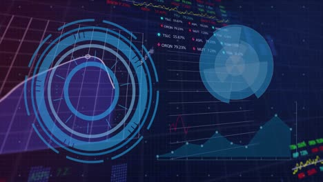 animation of circles over multiple graphs, trading board against abstract background