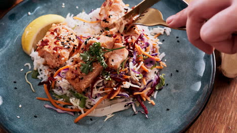 salmon rice bowl with salad