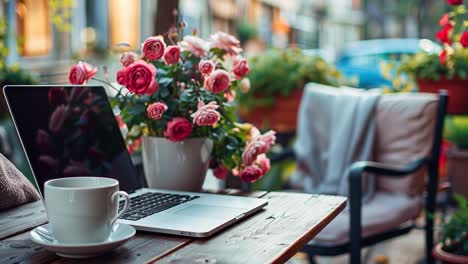 cozy outdoor workspace with laptop, coffee, and flowers