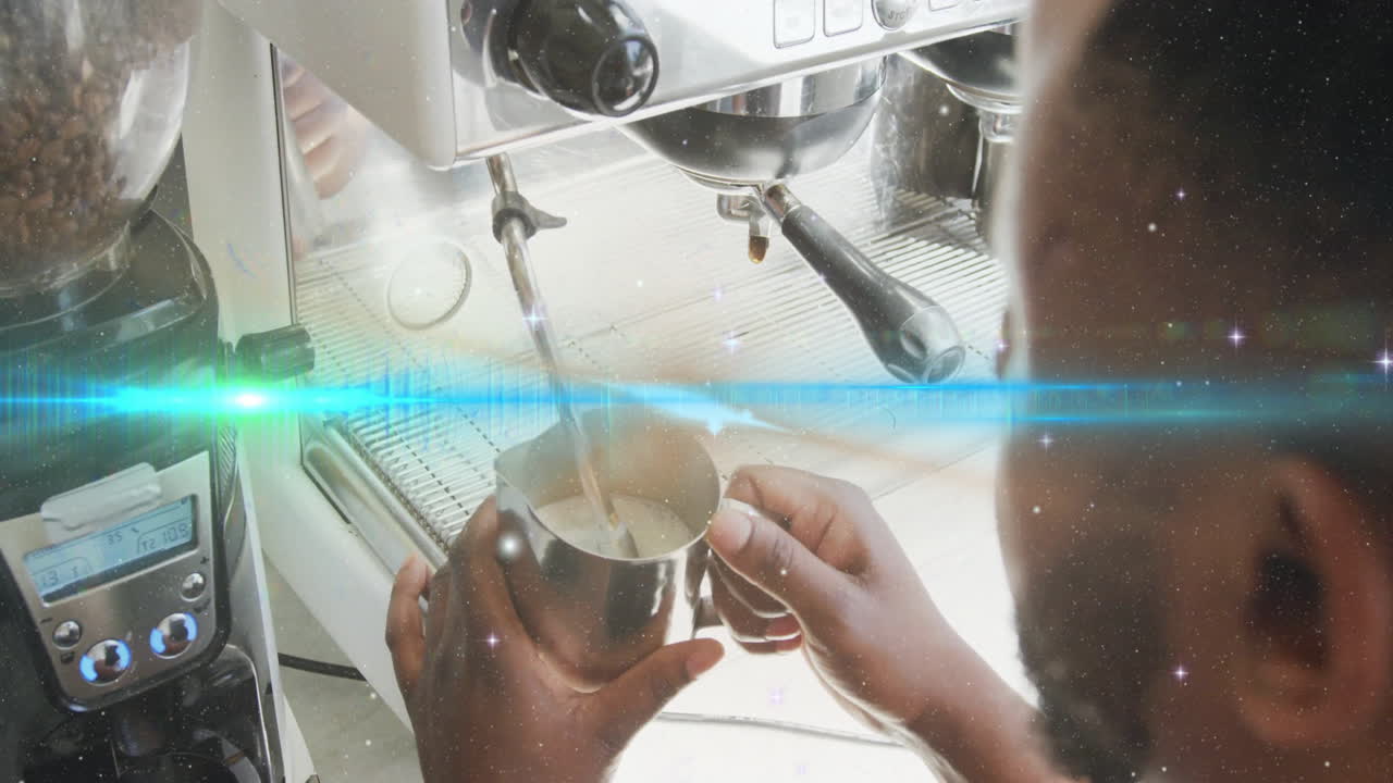 Barista steaming milk at coffee shop counter, with animated temperature gauge and bean icons