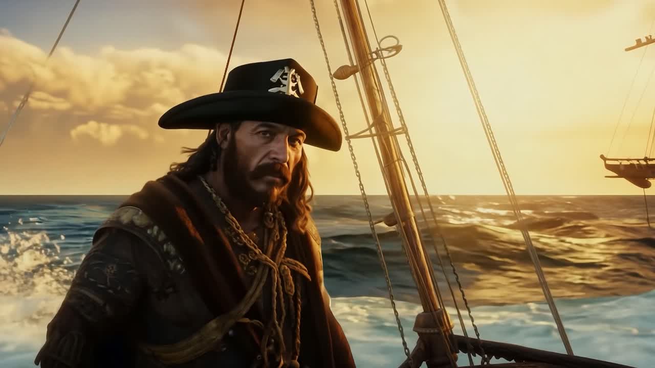 el capitan pirata se encuentra en la cubierta de su barco, mirando al sol mientras se pone en el horizonte.