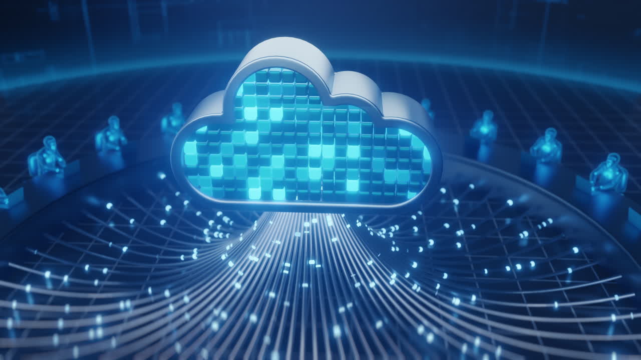 3D animation depicts a glowing cloud icon linked to abstract figures working at consoles by luminous data lines, representing cloud computing, data network, and technological connection
