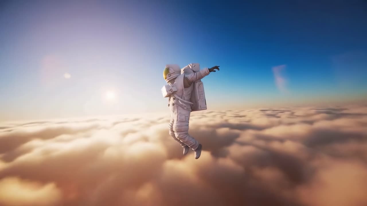 Astronauta che fluttua sopra le nuvole al tramonto, ripreso da un'angolazione bassa