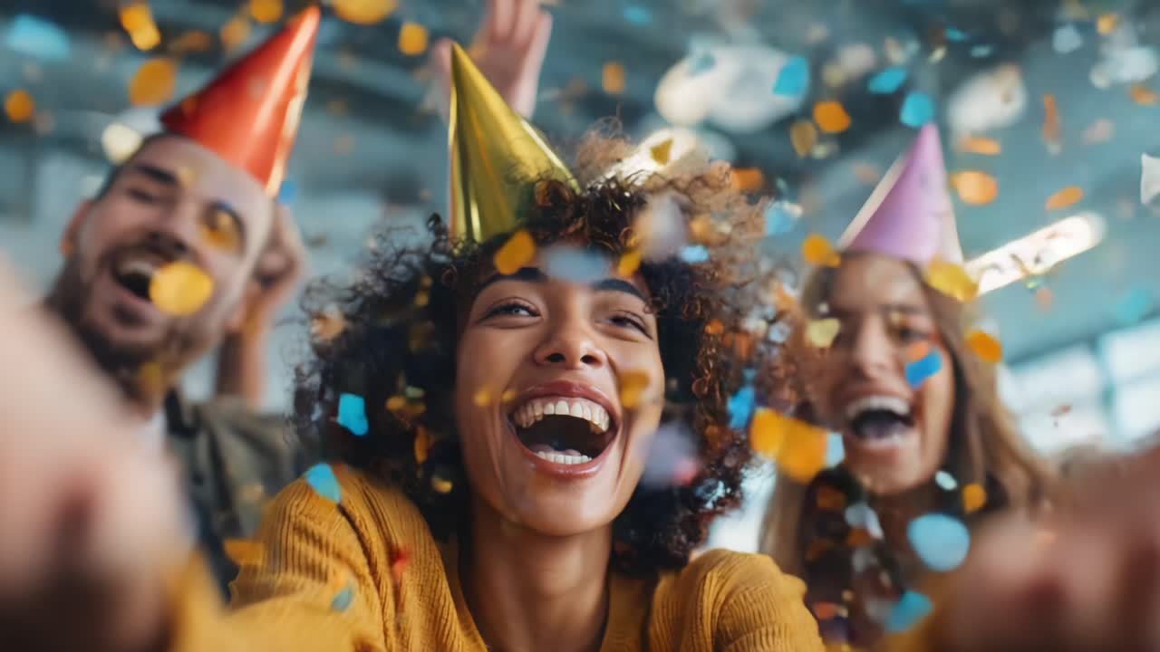 Celebração alegre: amigos aproveitando uma atmosfera festiva com confetes e chapéus de festa, irradiando felicidade e união em um ambiente alegre