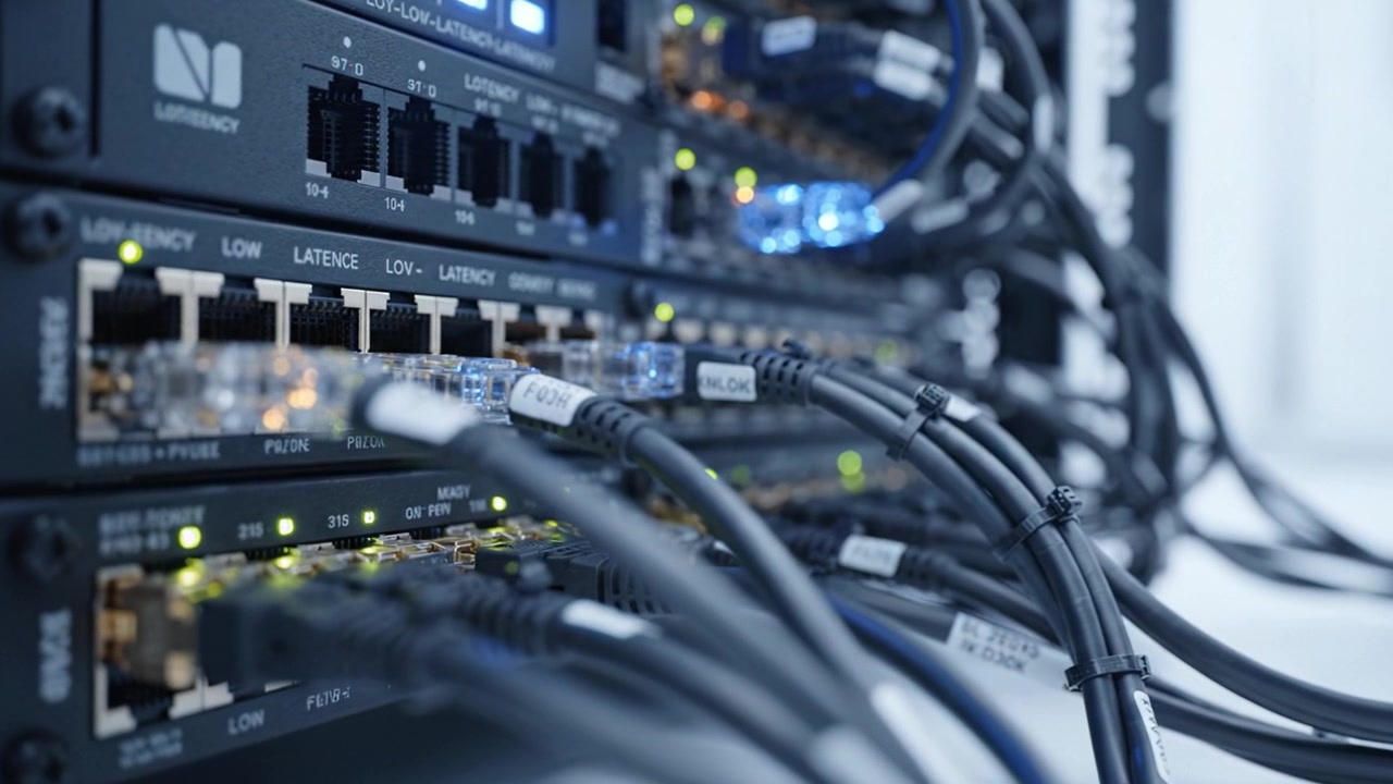 Detailed Close-Up of Network Switches and Cables in a Data Center, Showcasing Connectivity, Latency Indicators, and High-Performance Networking Components