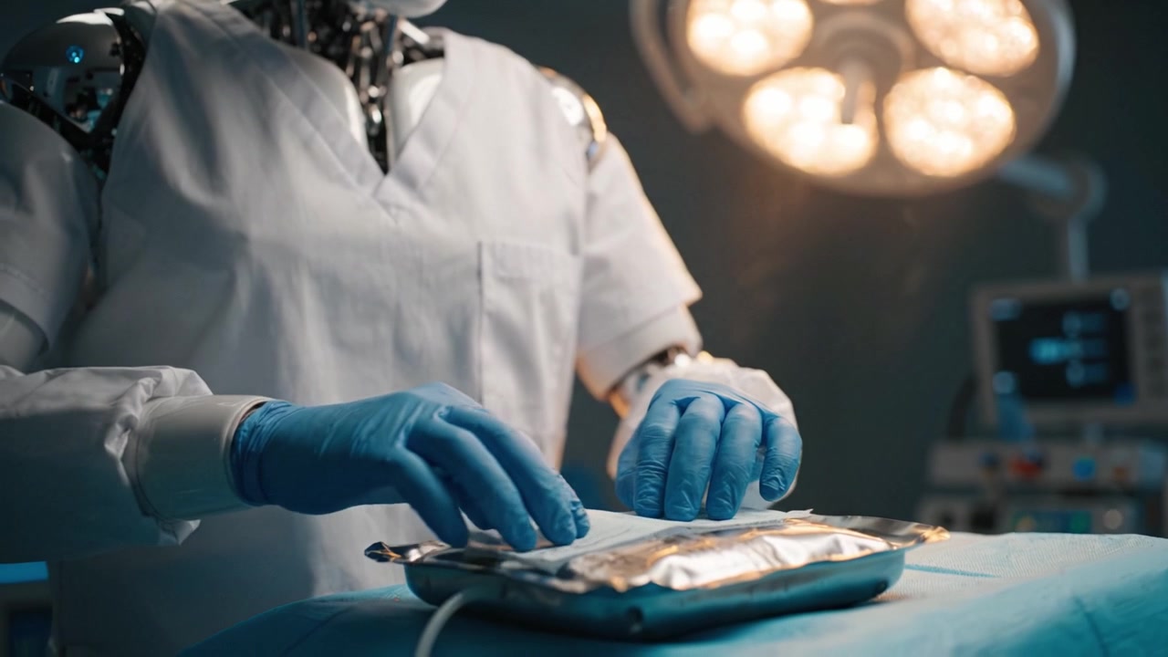 A robotic surgeon prepares a sterile pack in a modern surgical environment, showcasing the integration of technology in healthcare and the future of medical procedures.