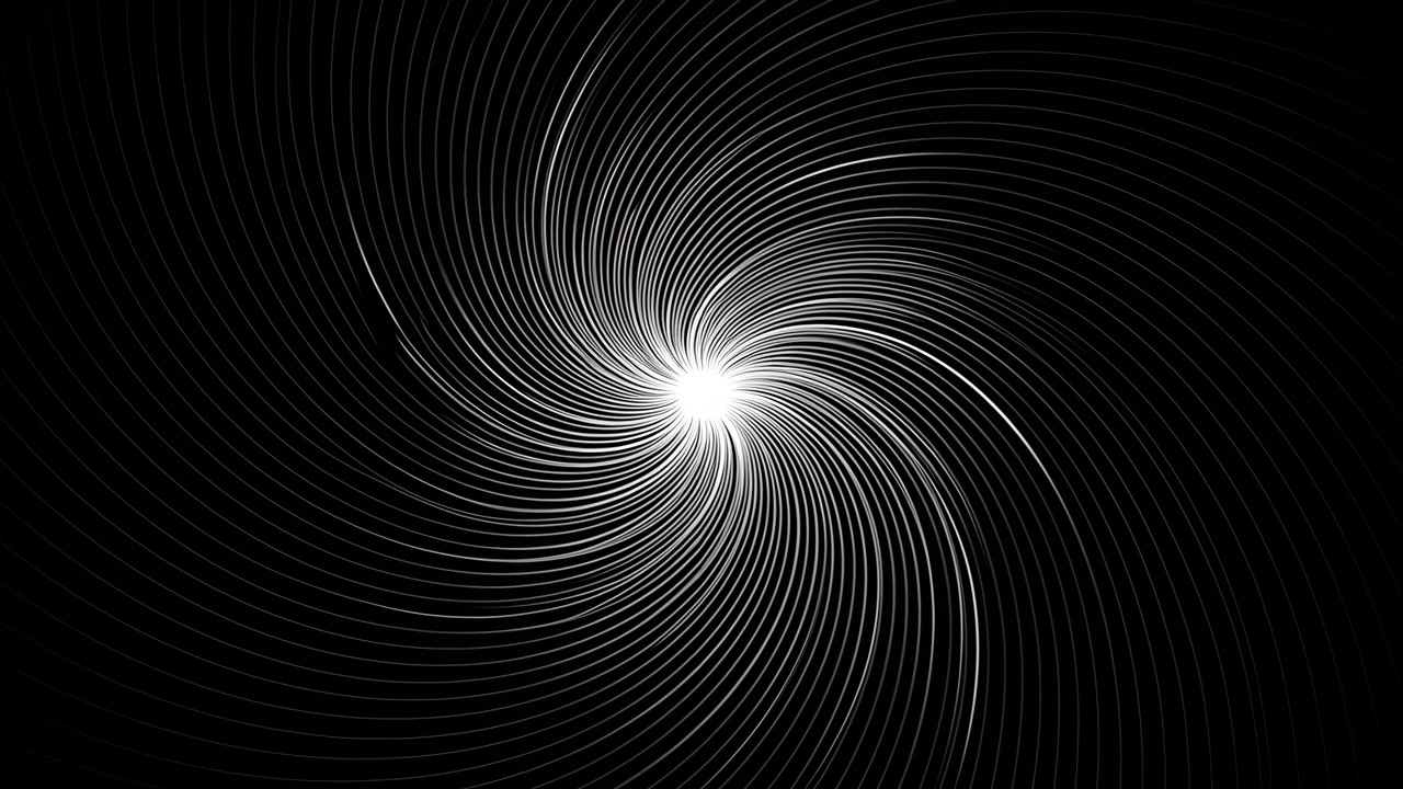 Motivo luminoso a spirale bianco brillante centrato su uno sfondo nero scuro, che forma un vortice radiale liscio con linee curve luminose e un aspetto minimalista ad alto contrasto.