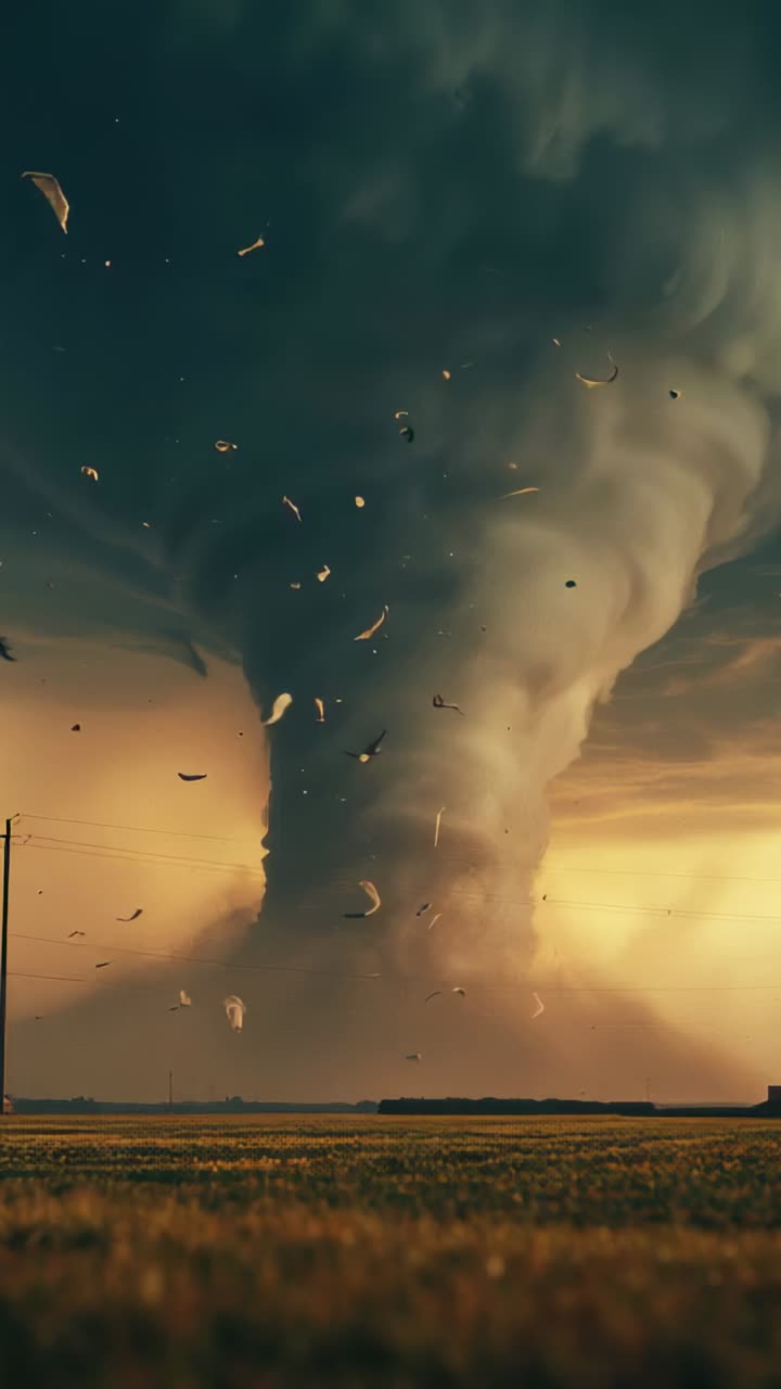 Vertical video: Lowering tornado narrowing, hitting ground in field by power pole lofting debris