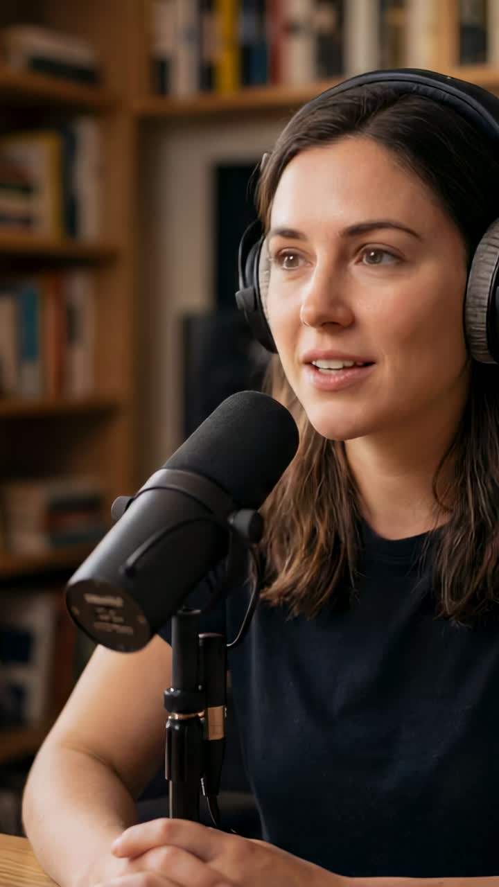 Vertical video: Starting take, host speaking into mic at home studio wearing headset and black tank