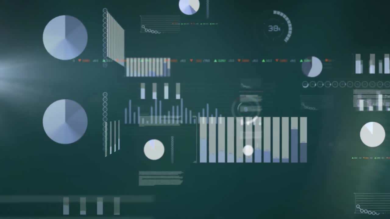 animación de la interfaz infográfica con múltiples gráficos, lenguaje de programación y tablero de negociación