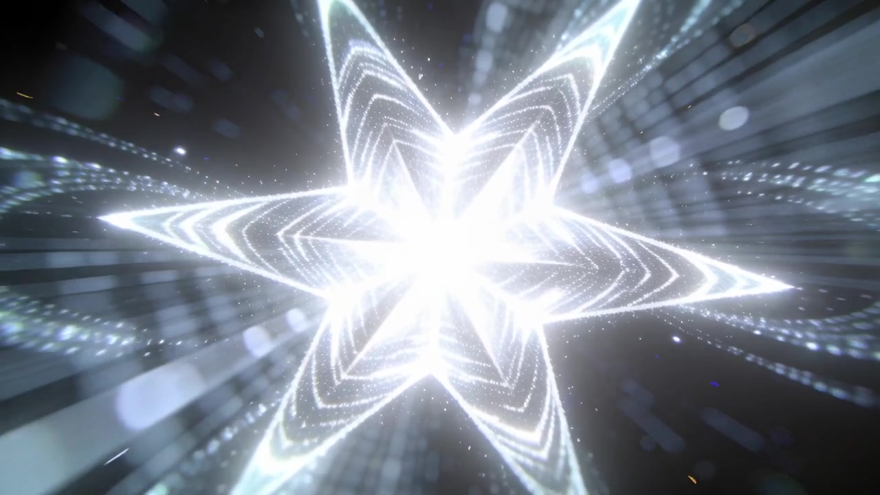 Starting pulsing six-point star expanding to viewer in dark void to create burst with dotted rings