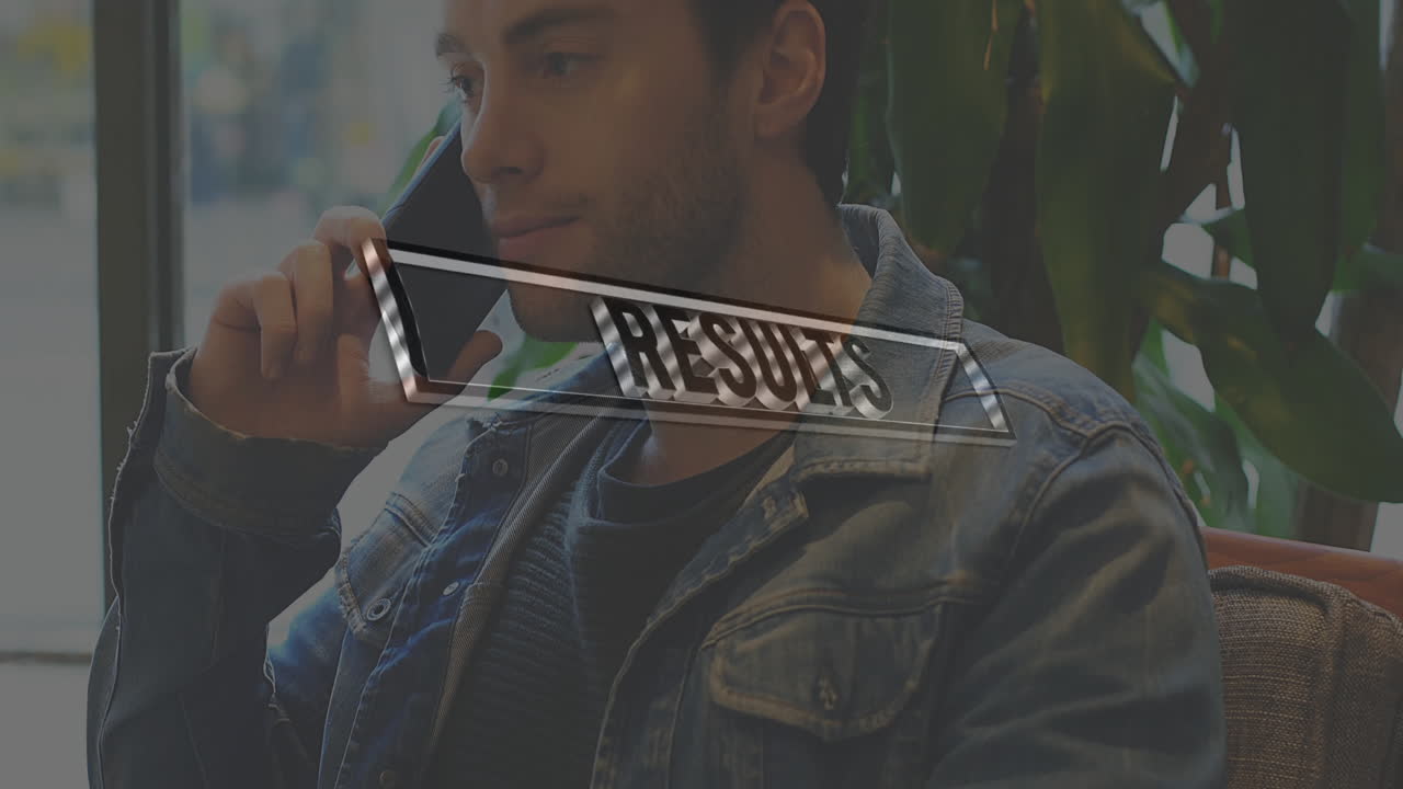 Talking on phone, man with Results text animation overlay in background