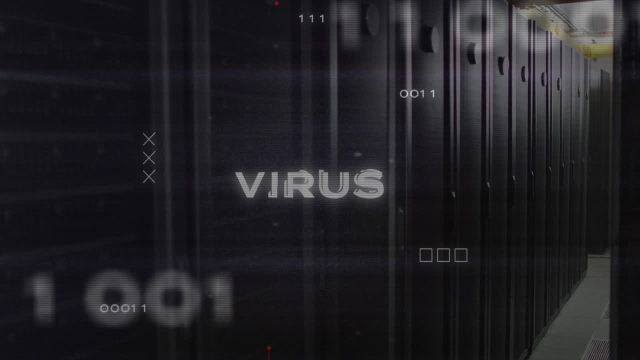 Animazione del testo "virus" sovrapposta a elaborazione dati, scheda madre di computer e server