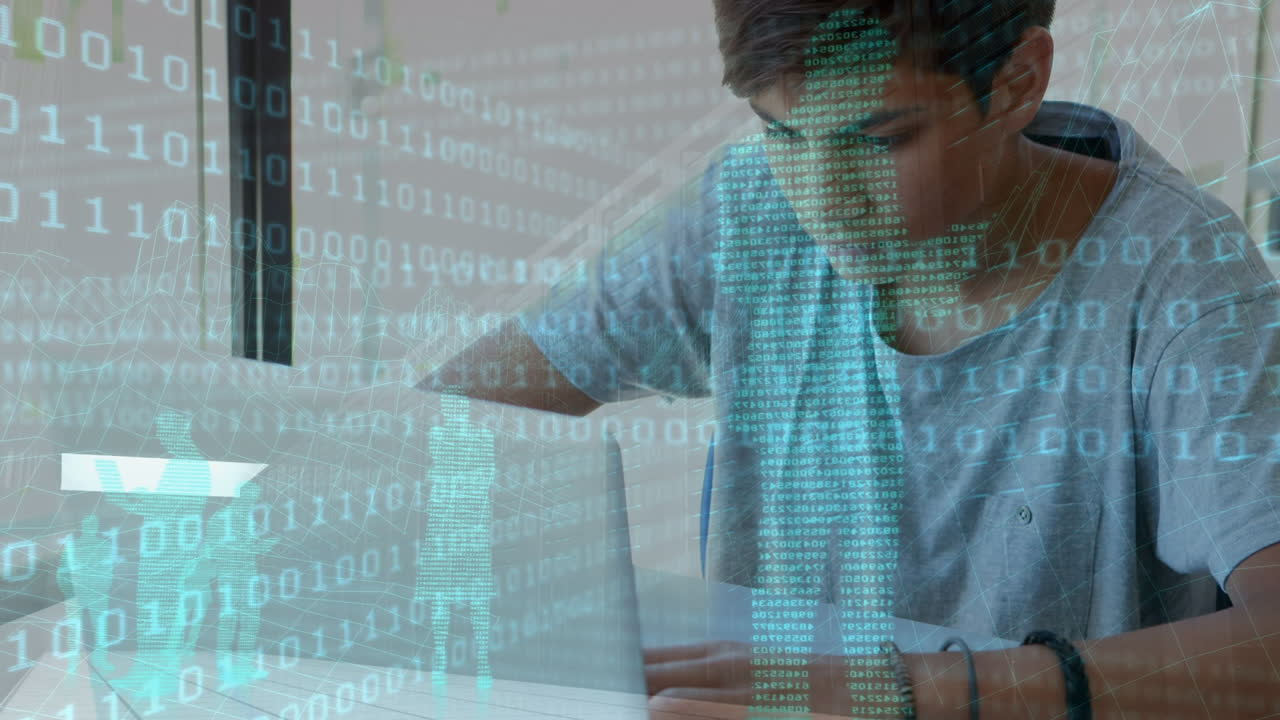 procesamiento de datos de codificación binaria contra un niño caucásico que usa una computadora portátil en clase en la escuela