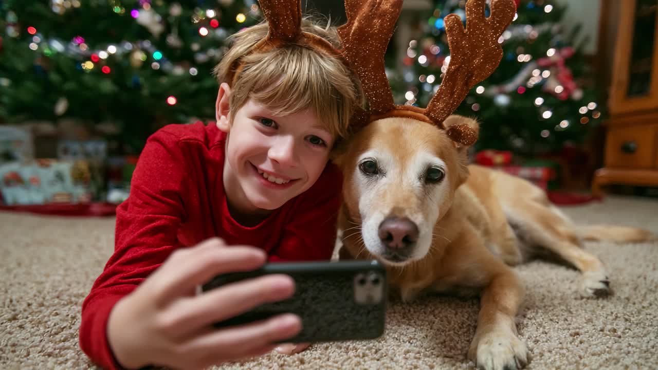 A joyful boy and his dog wearing festive antlers pose for a cheerful selfie in front of a beautifully decorated Christmas tree, capturing the spirit of the holiday season