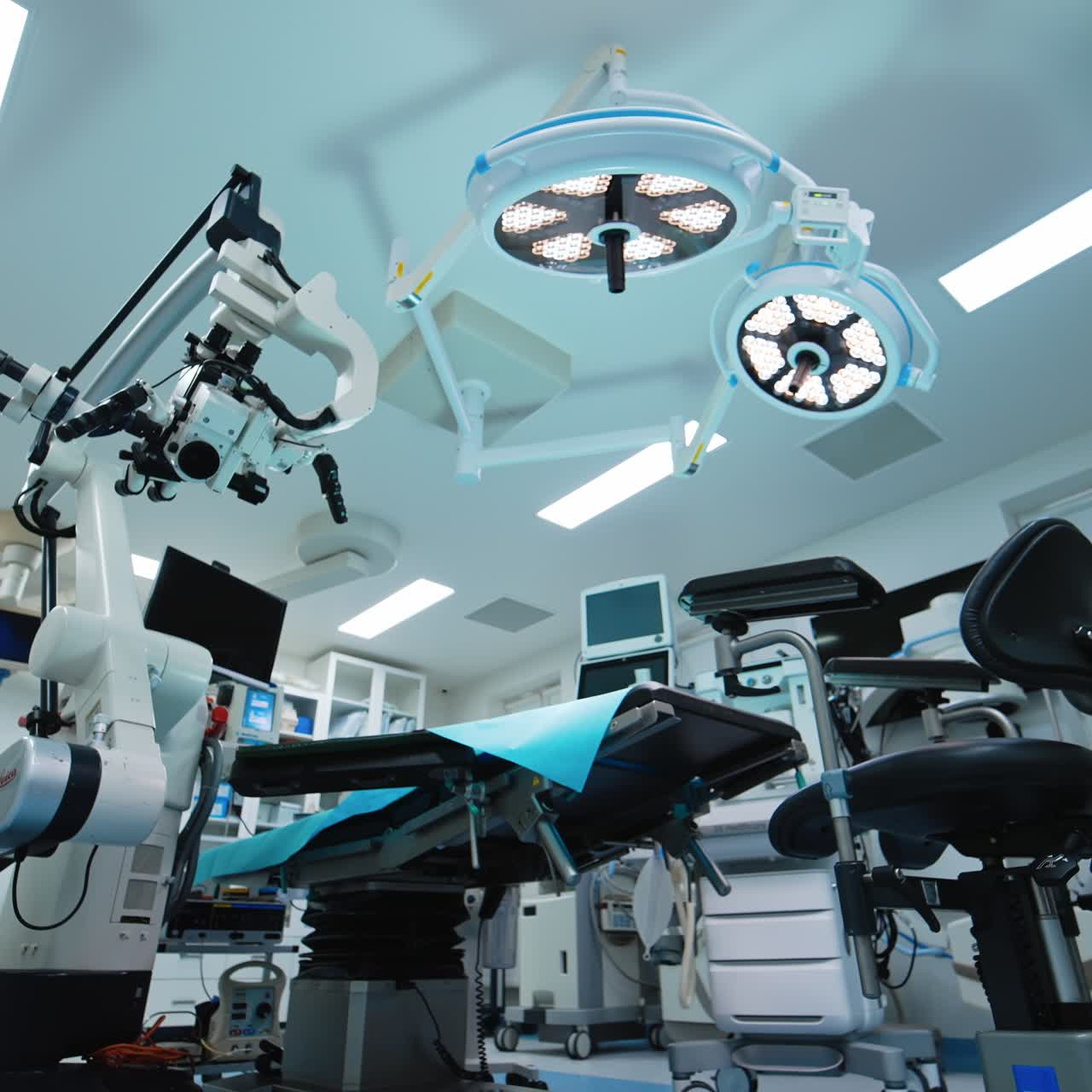 Modern surgical operating room. Neurosurgery hospital equipment