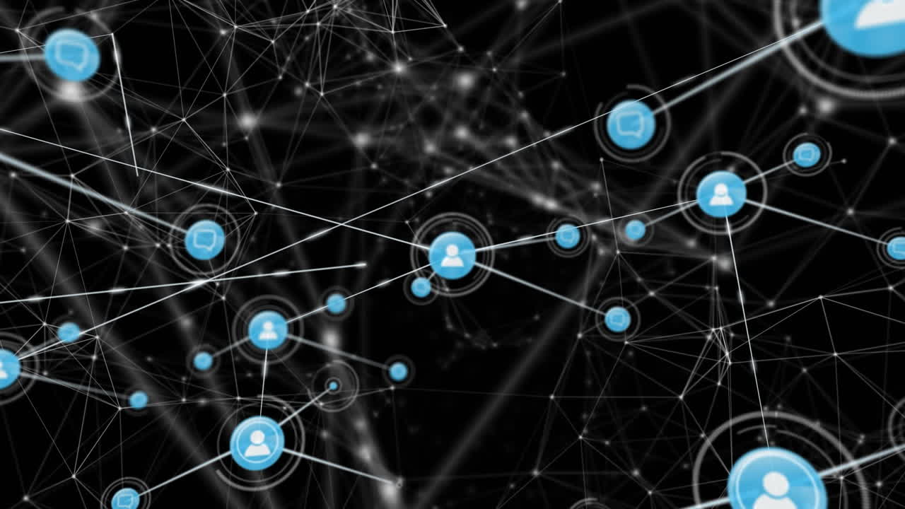 animación de redes de conexiones con iconos sobre fondo negro
