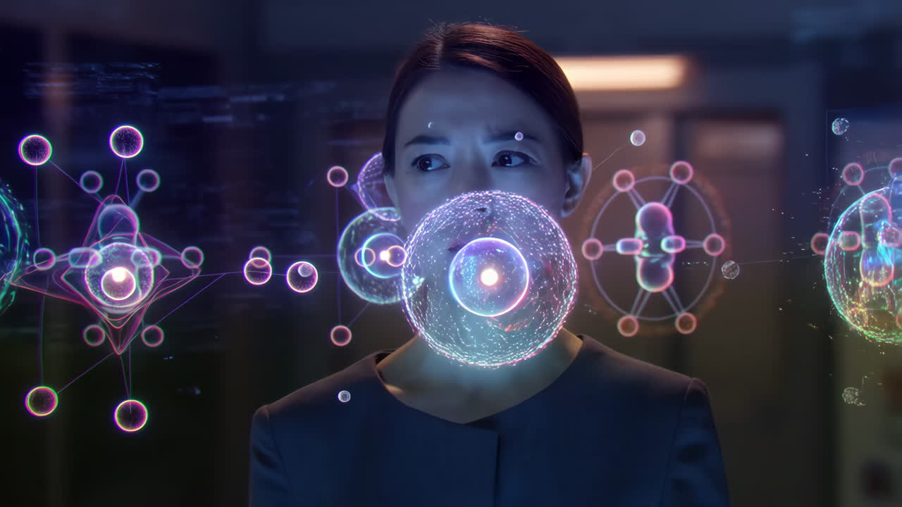 Woman interacting with futuristic digital projection