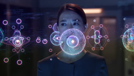 woman interacting with futuristic digital projection