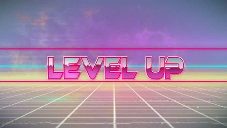 animation of level up text over white lines on purple background