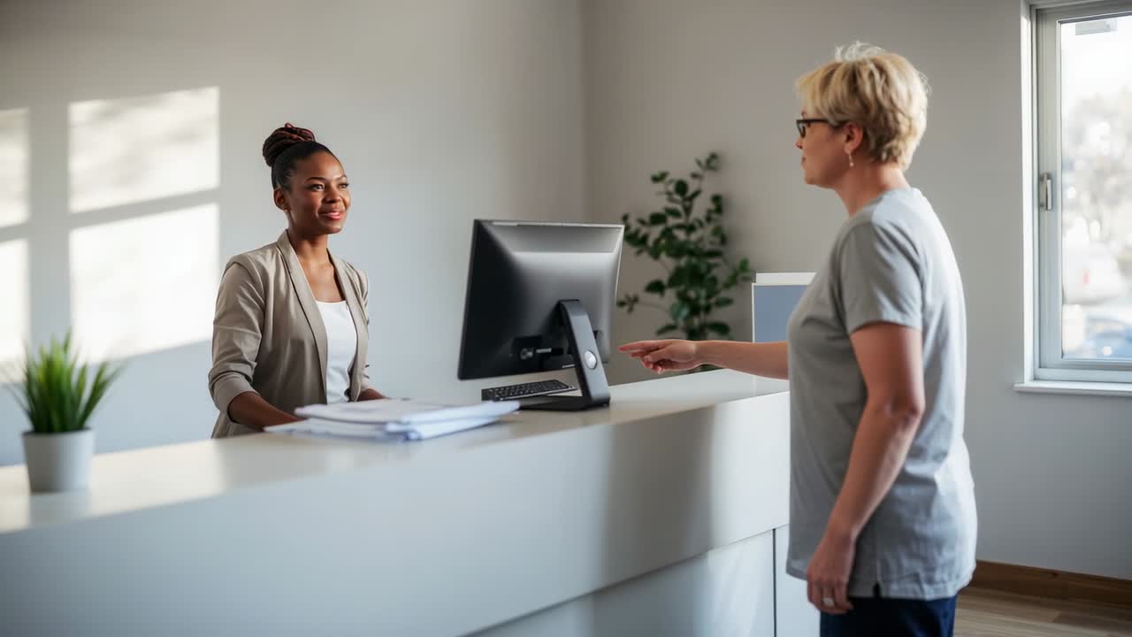 Receptionist sorridente in blazer che risponde a un visitatore che indica qualcosa alla reception, controllando monitor e moduli