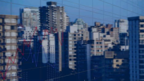 animation of graph and diverse data over city financial district