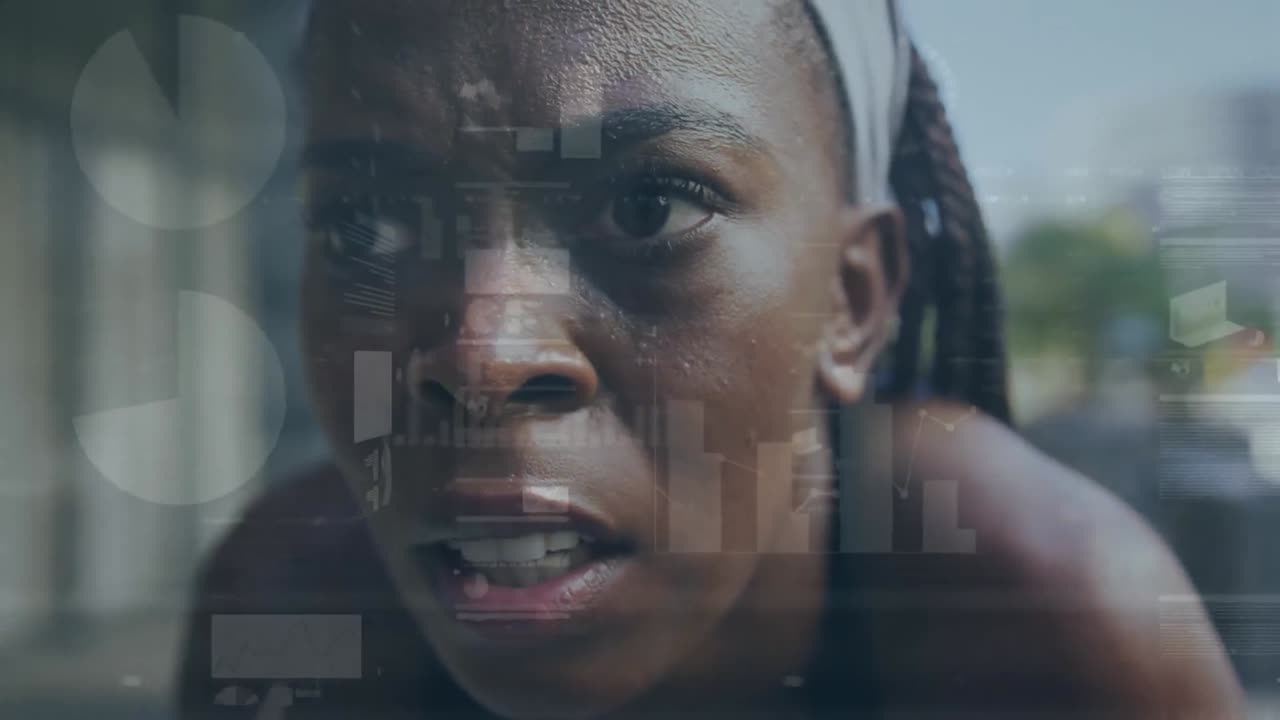 animación de datos, gráficos que se mueven contra corredora africana relajándose después de correr en el parque