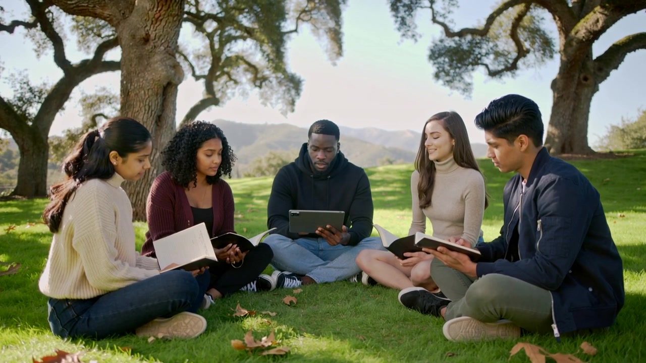 Reading five-person study group following tablet prompts on campus lawn for discussion, with books