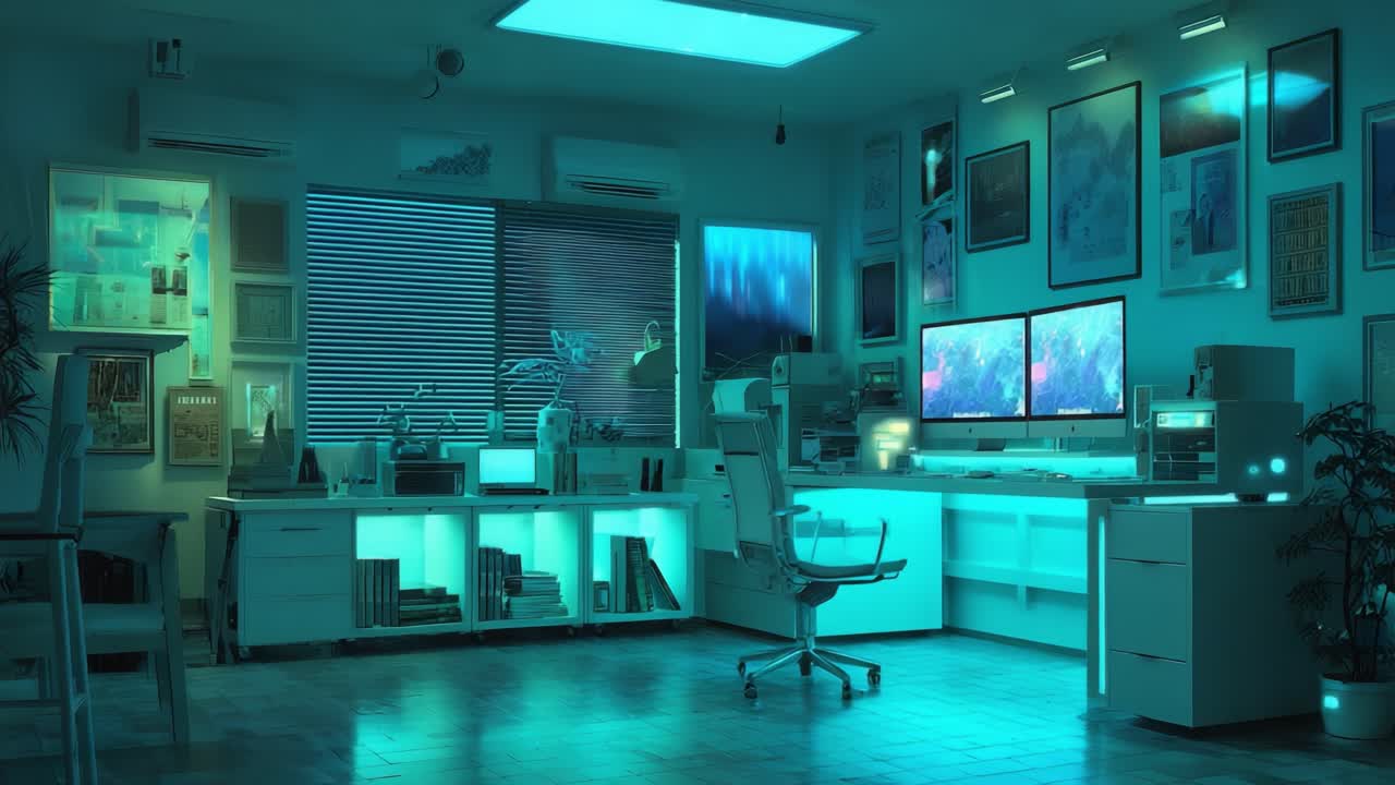 A serene and futuristic workspace with dual monitors glowing in ambient teal light, showcasing an organized setup featuring shelves filled with books and art, creating an inviting atmosphere for creativity and productivity