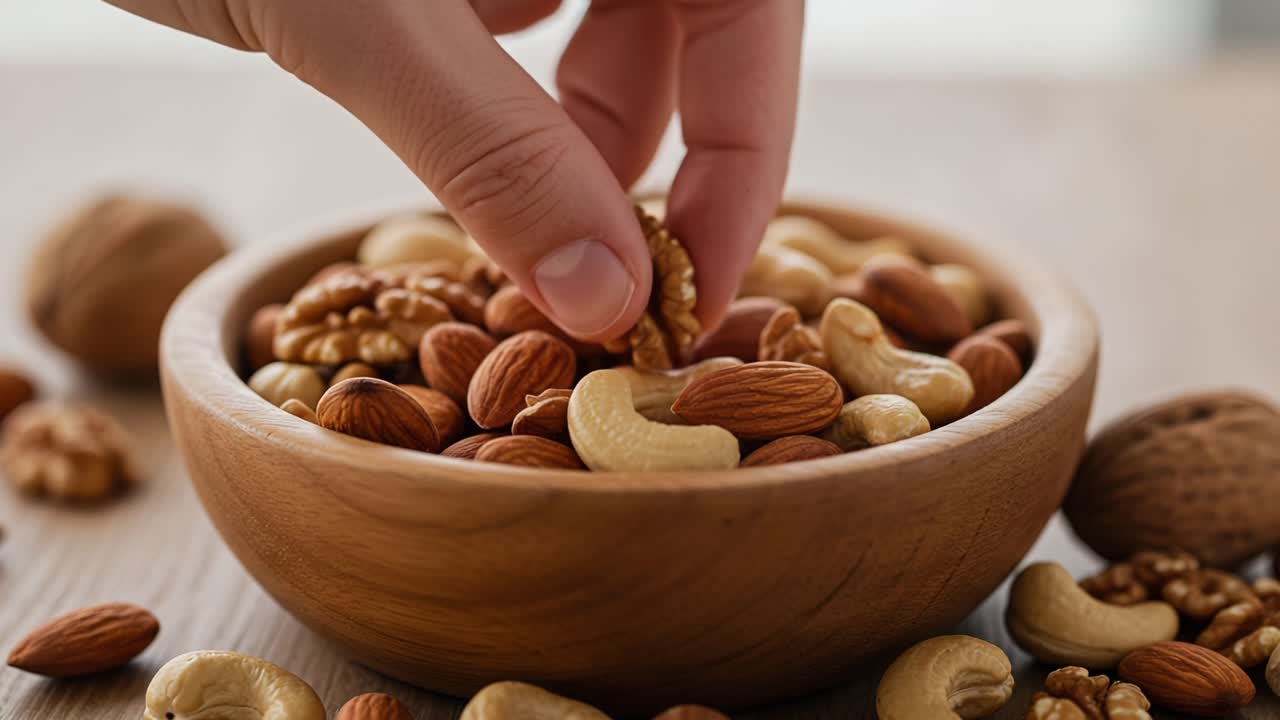A Close-Up Look at a Hand Selecting Healthy Mixed Nuts from a Rustic Wooden Bowl, Showcasing Almonds, Cashews, Walnuts, and Other Nutrient-Dense Snacks