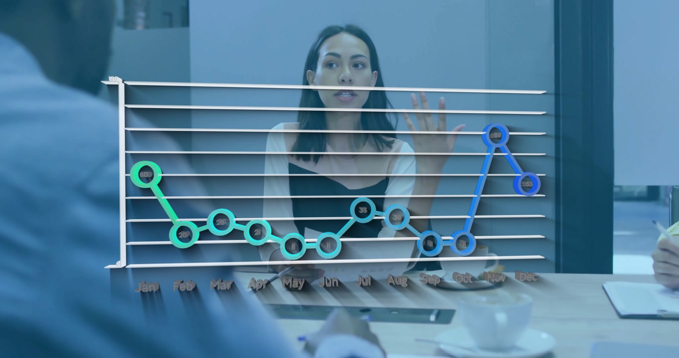 Discussing financial graph, businesswoman with colleagues in office meeting animation
