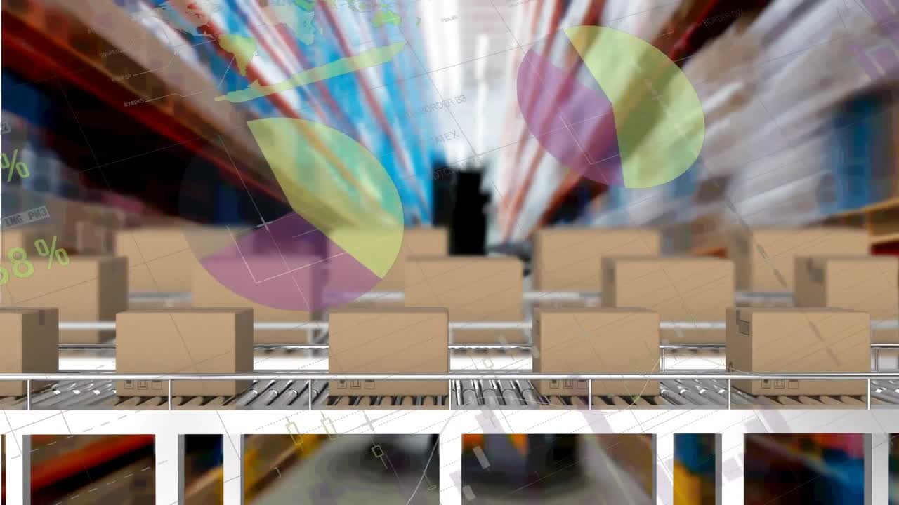 animación del procesamiento de estadísticas sobre cintas transportadoras con cajas