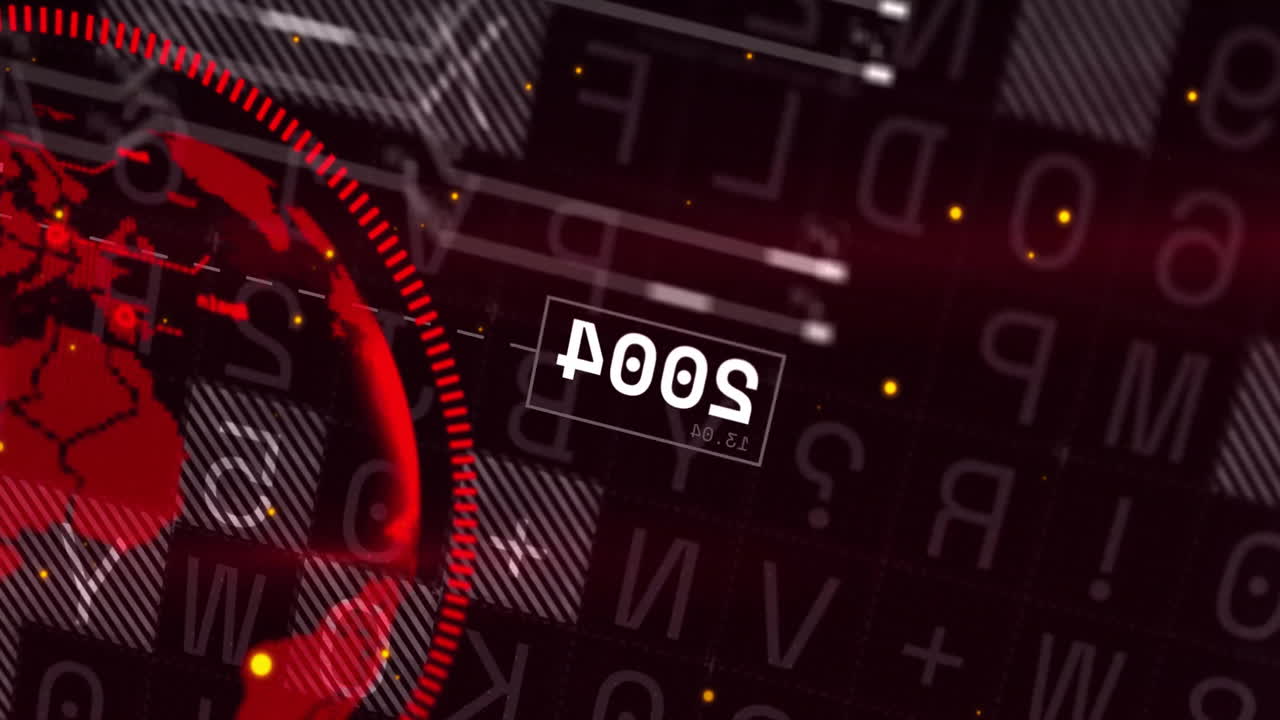 Red digital globe and numbers animation over abstract technological background