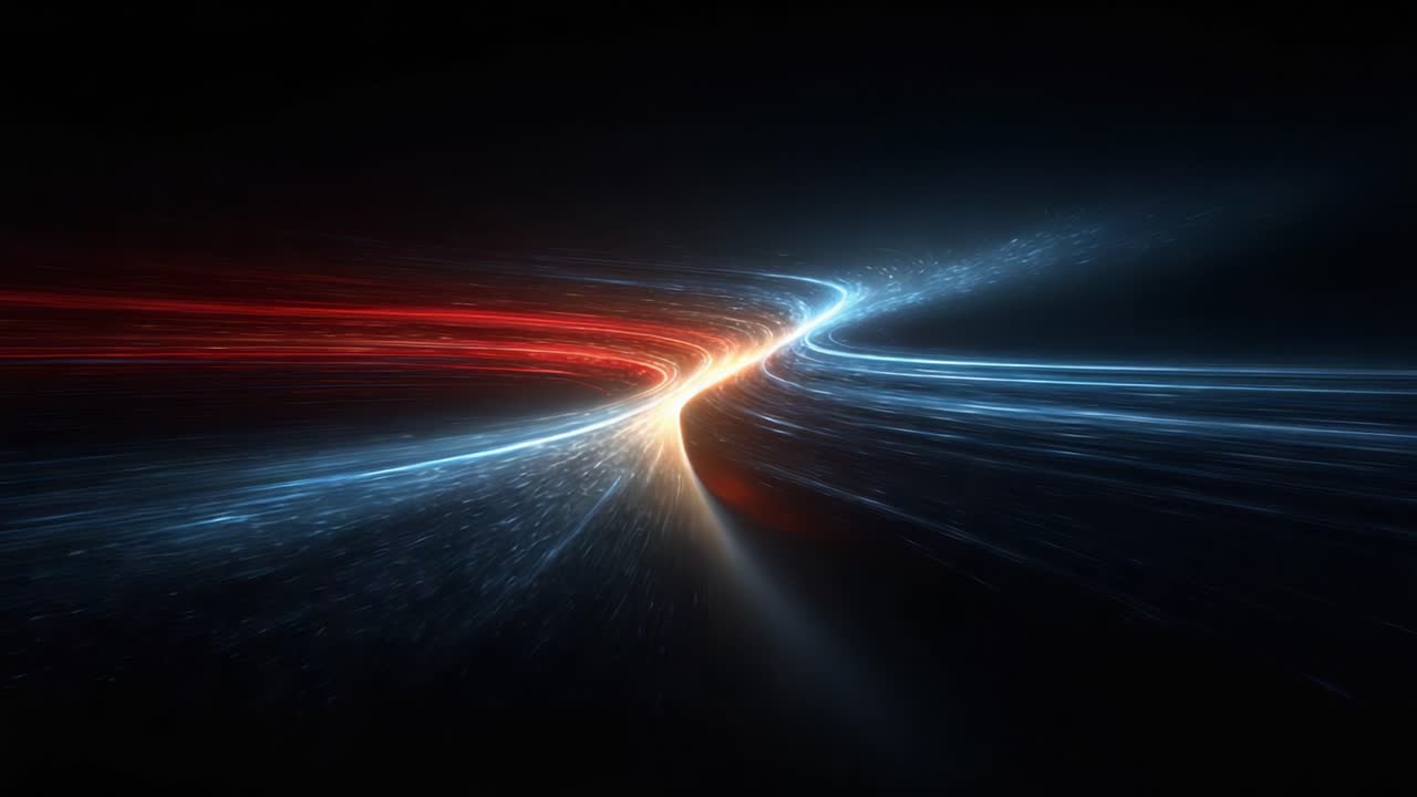 A Stunning Visual Representation of Dynamic Energy Flow, Merging Red and Blue Streams of Light in a Striking Contrast Against a Dark Background, Showcasing Motion and Interaction