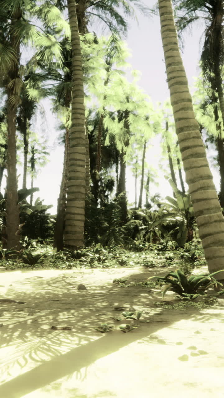 Lush tropical landscape with palm trees and sunlight on sandy ground