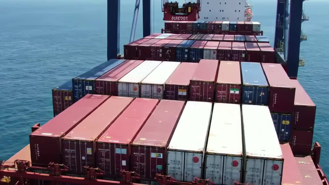 Aerial View of a Cargo Ship Loaded with Colorful Shipping Containers Navigating the Open Sea, Showcasing Maritime Transportation and Global Trade Operations
