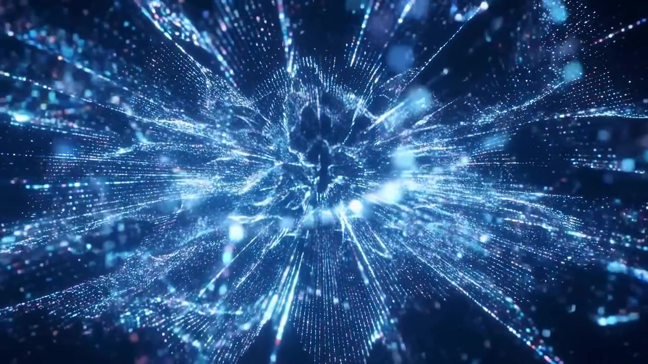Centered abstract scene shows luminous core expanding into radiating filaments, drifting sparks and layered point clouds, with cyan teal glow, dark contrast and energetic depth, with particle, light