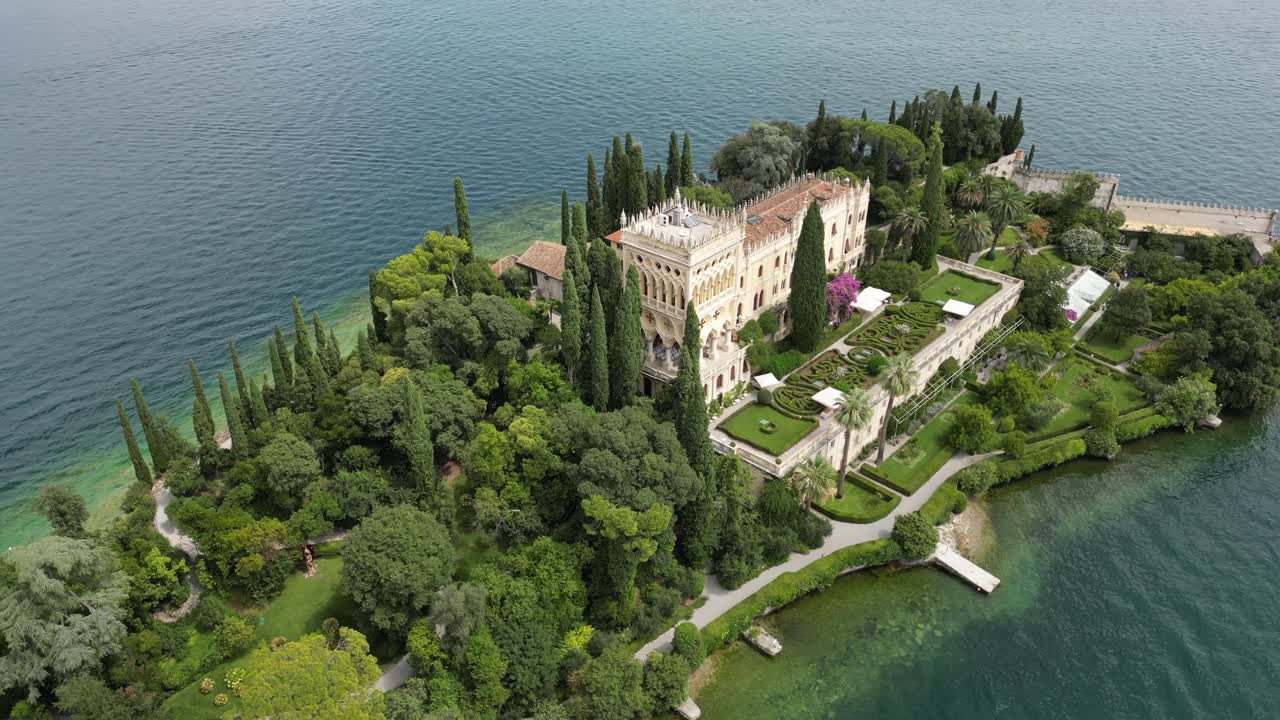 Panoramic Aerial View of a Historic Lakeside Villa and Gardens