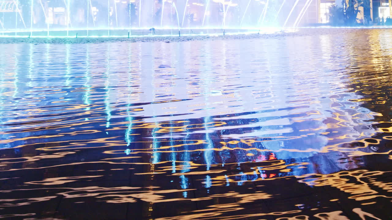 Colorful Light Reflections on Rippling Water Surface at Night