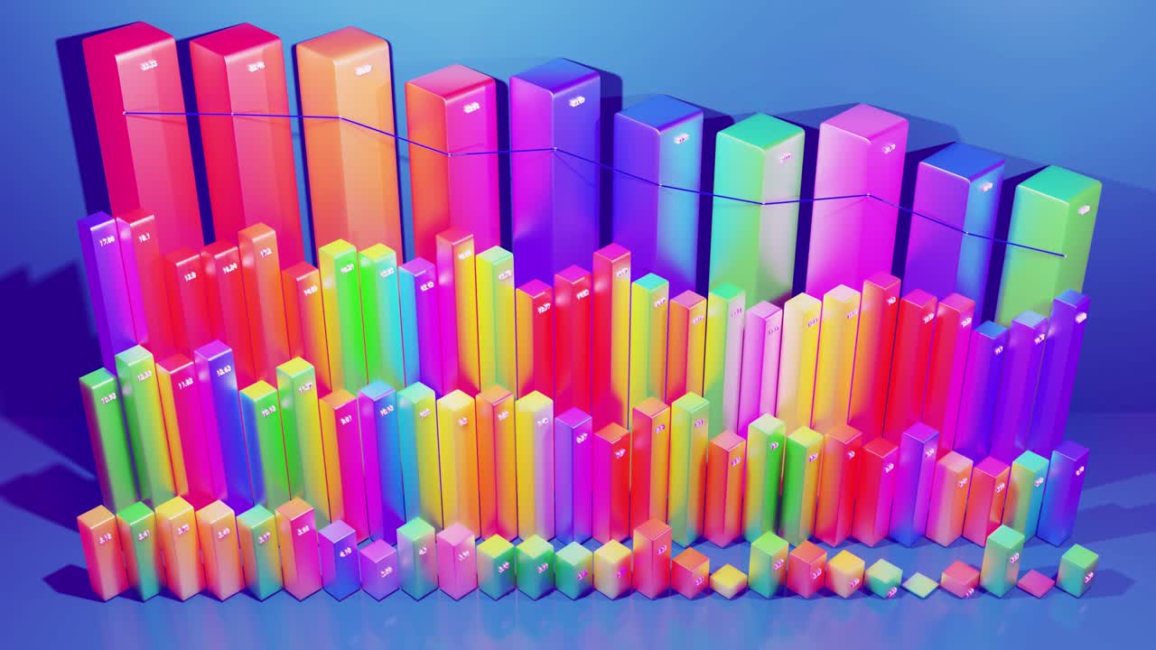 hermoso fondo en bucle 3d para programas analíticos con infografías abstractas, datos estadísticos. barras multicolores, contadores y gráficos. columnas 3d se mueven suavemente arriba y abajo en bucle. bg financiero