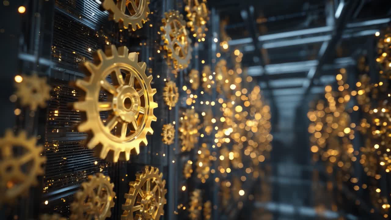 Golden cogwheels spinning in a complex mechanism with glowing particles, representing concepts of industrial automation, engineering, teamwork, and intricate technological processes in motion