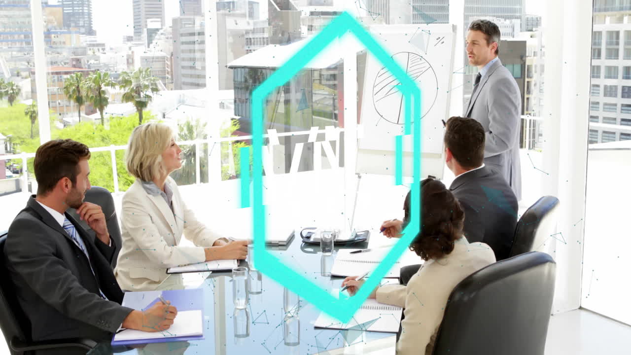 In office, business meeting with geometric animation overlaying presentation screen