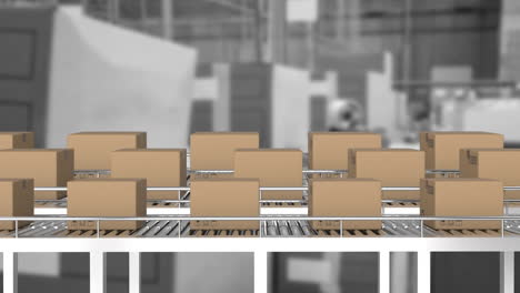 animación de cajas en cinta transportadora sobre el almacén