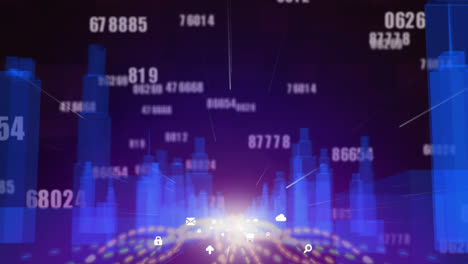 animation of multiple changing numbers, digital icons and glowing light trails against 3d city model