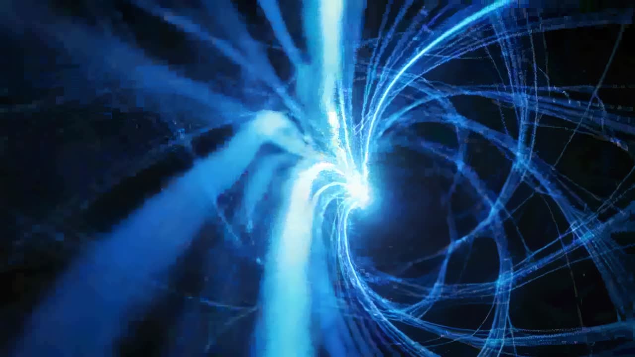 Unfolding blue ribbon vortex in dark void, camera advancing, drawing ...
