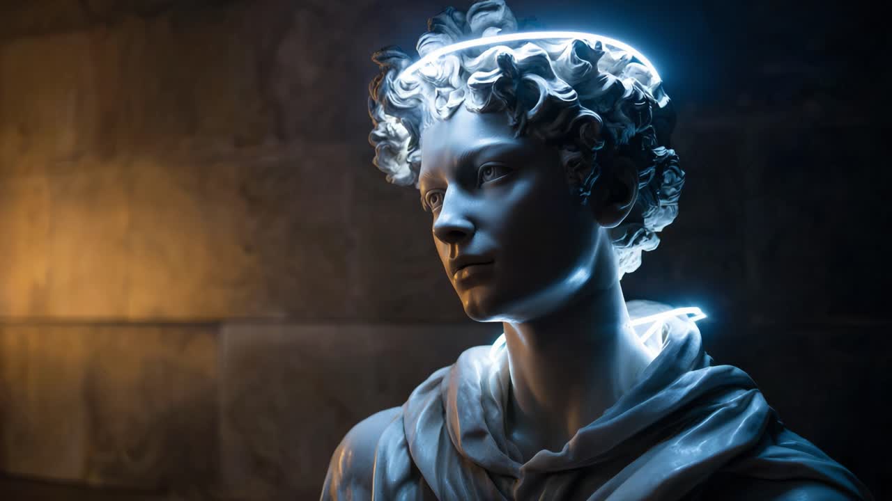 Una impresionante escultura de mármol iluminada con una luz de neón etérea, que captura los intrincados detalles y la expresión elegante de una obra maestra artística.