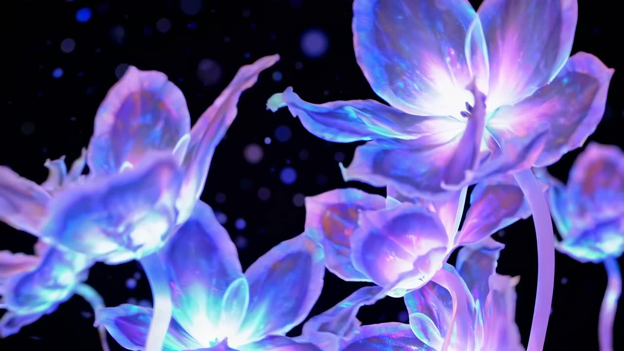 Close-up video of glowing, neon flowers against a dark background, captured from a low angle