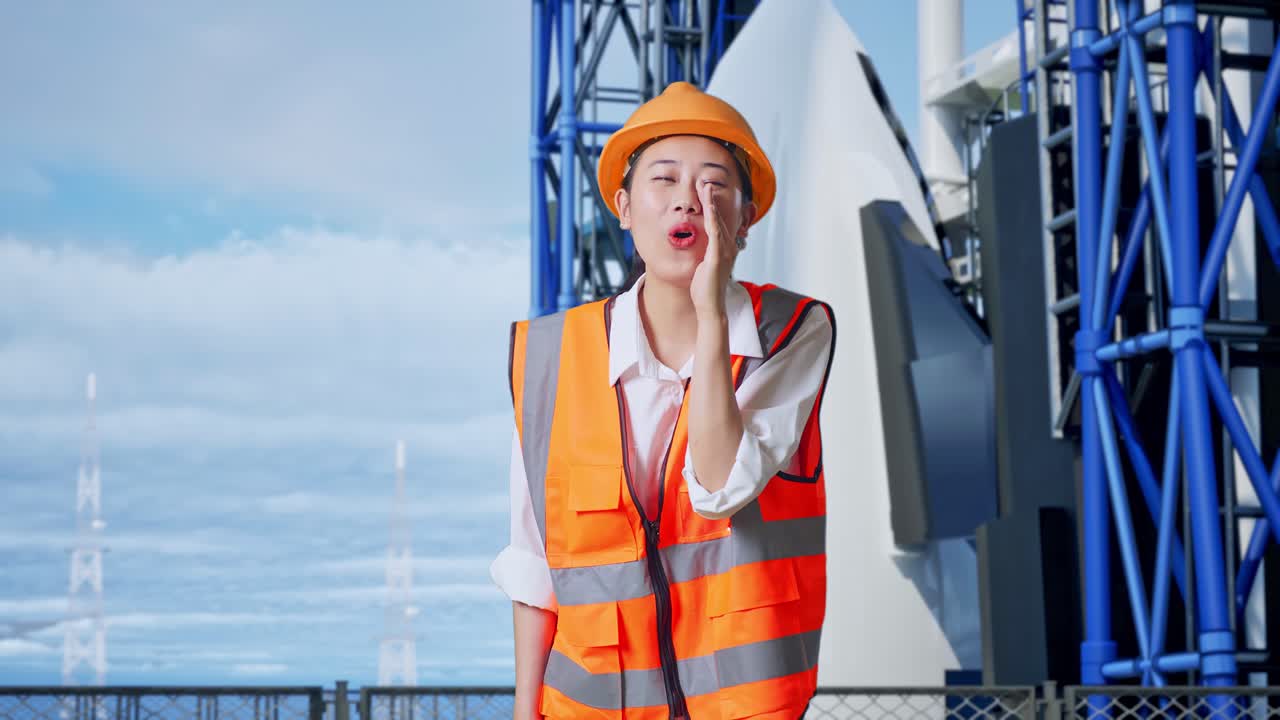 로켓 발사장 근처에서 소리치는 여성 엔지니어