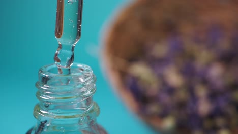 close up of lavender essential oil dropper bottle